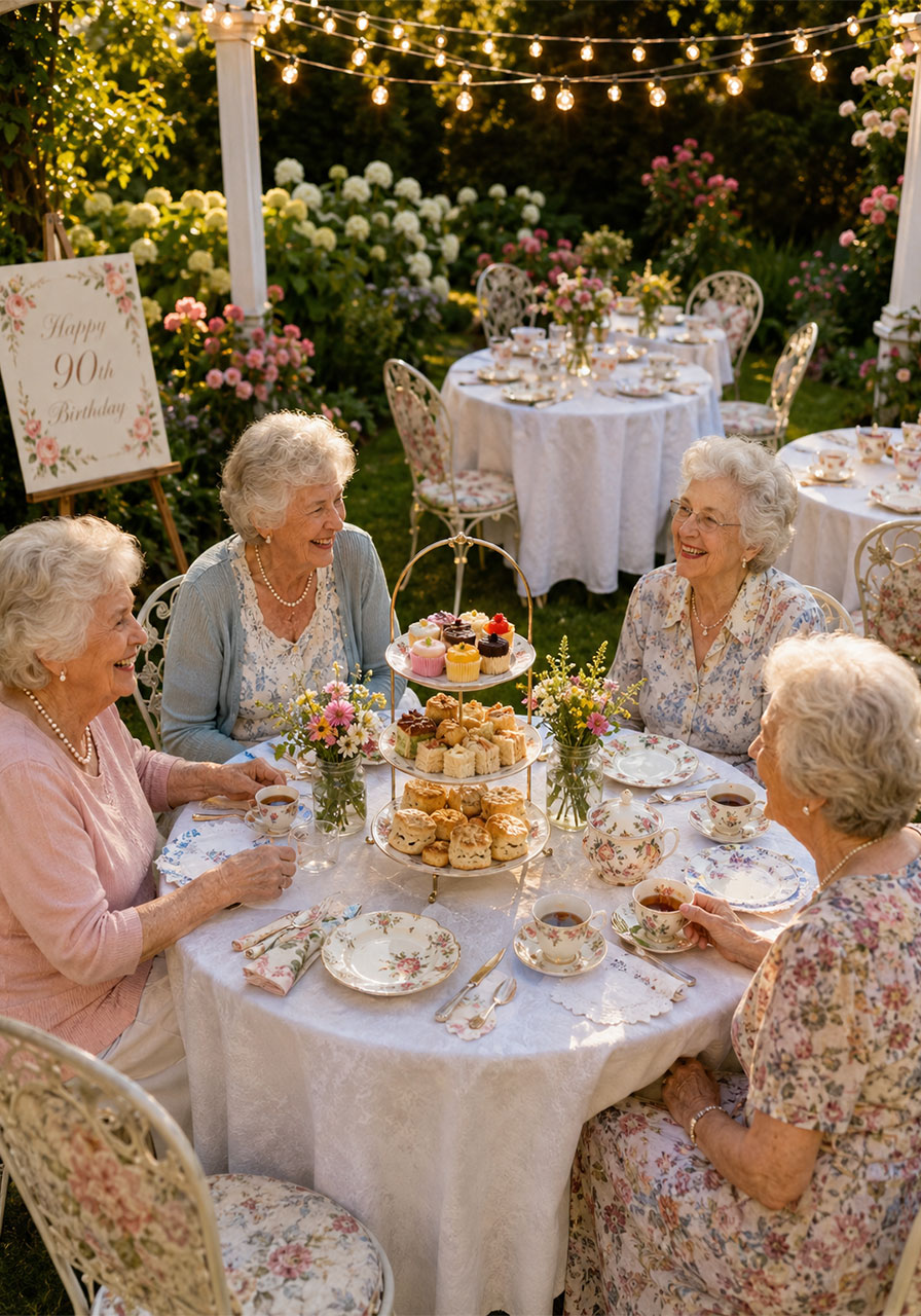 Outdoor garden tea party for a 90th birthday with white linen tables, tiered scone stand, and vintage teacups
