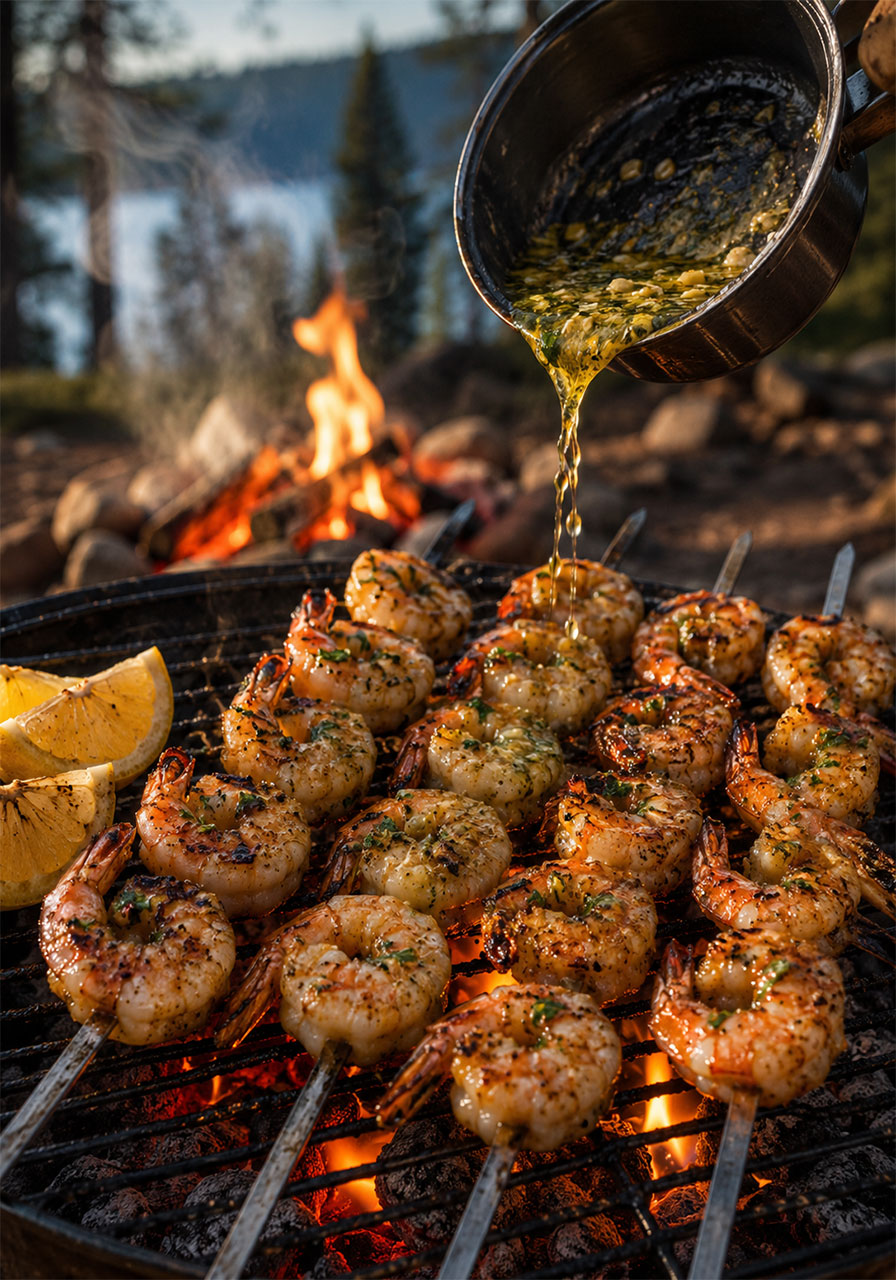 Garlic butter prawn skewers with caramelized prawns grilling on campfire grill grate over glowing coals
