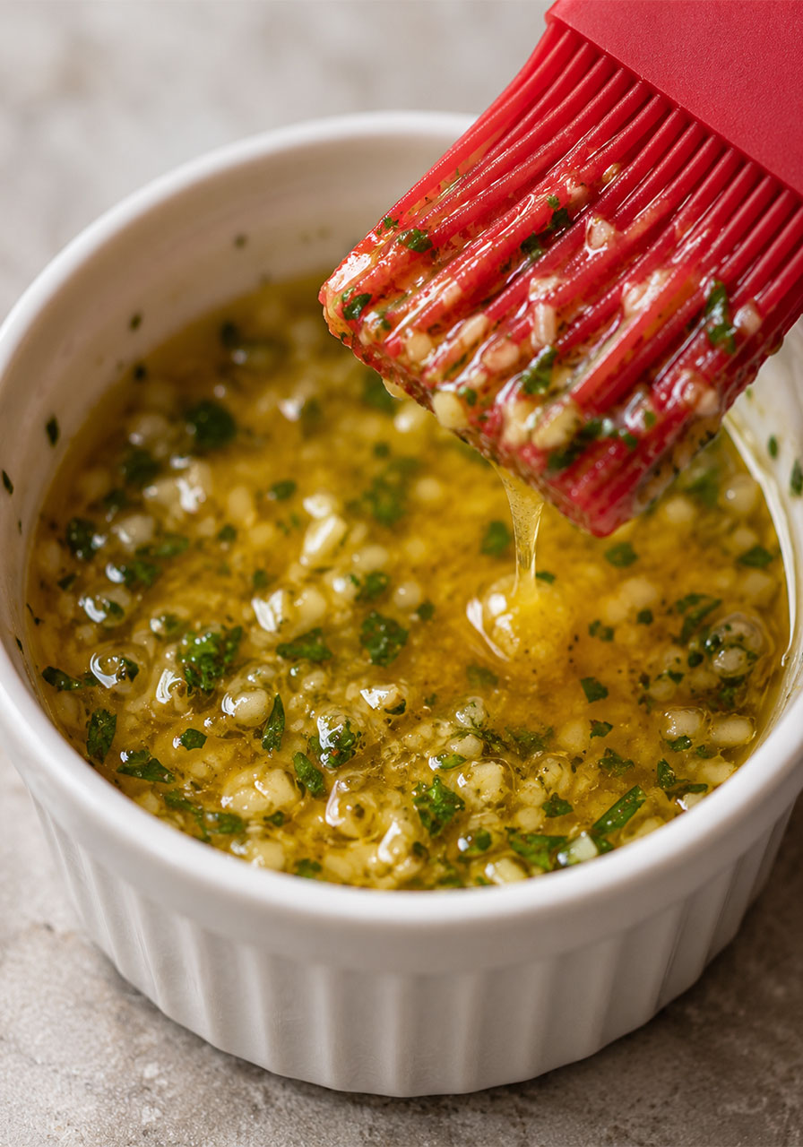 Melted garlic herb butter with parsley in a ramekin used to brush sourdough bread for BBQ chicken grilled cheese