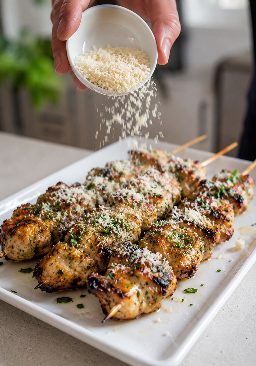 Sprinkling fresh parmesan over grilled ranch garlic chicken skewers