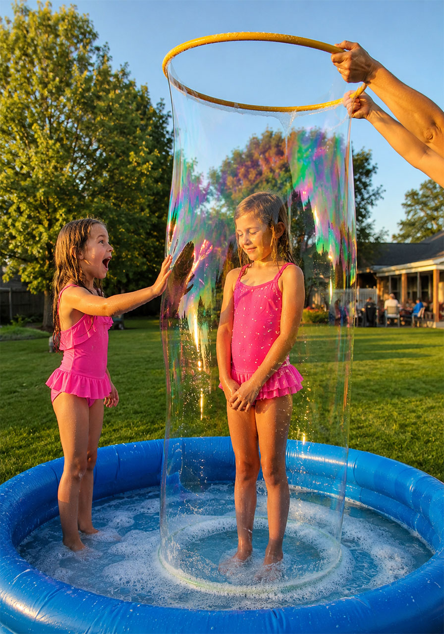 Kids making giant soap bubbles in a kiddie pool using a hula hoop at a summer pool party