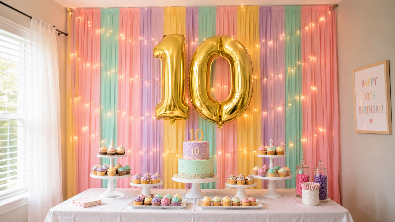 Giant gold foil number 10 balloons floating in front of colorful pastel streamer wall backdrop for 10th birthday dessert table decoration