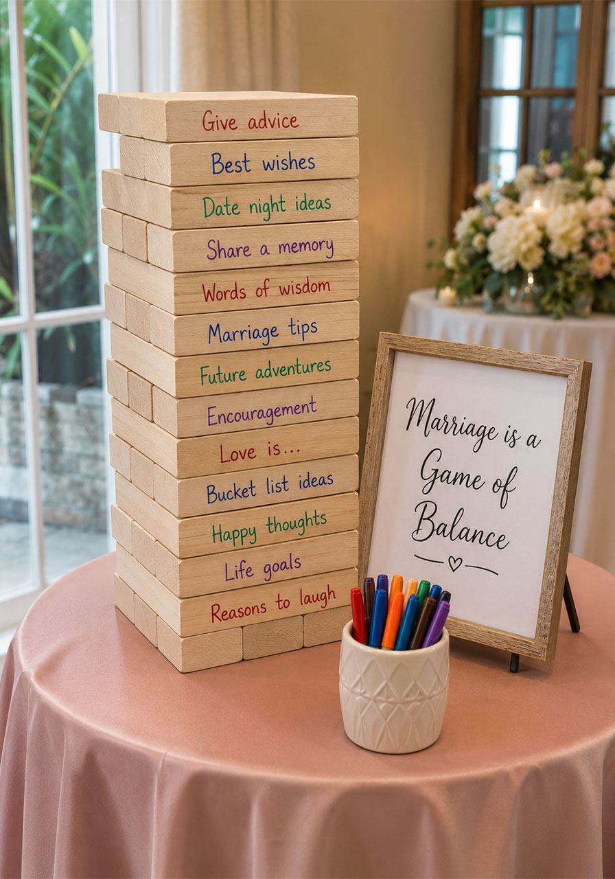 Giant Jenga tower with handwritten prompts and a "Marriage is a Game of Balance" sign — creative bridal shower game idea