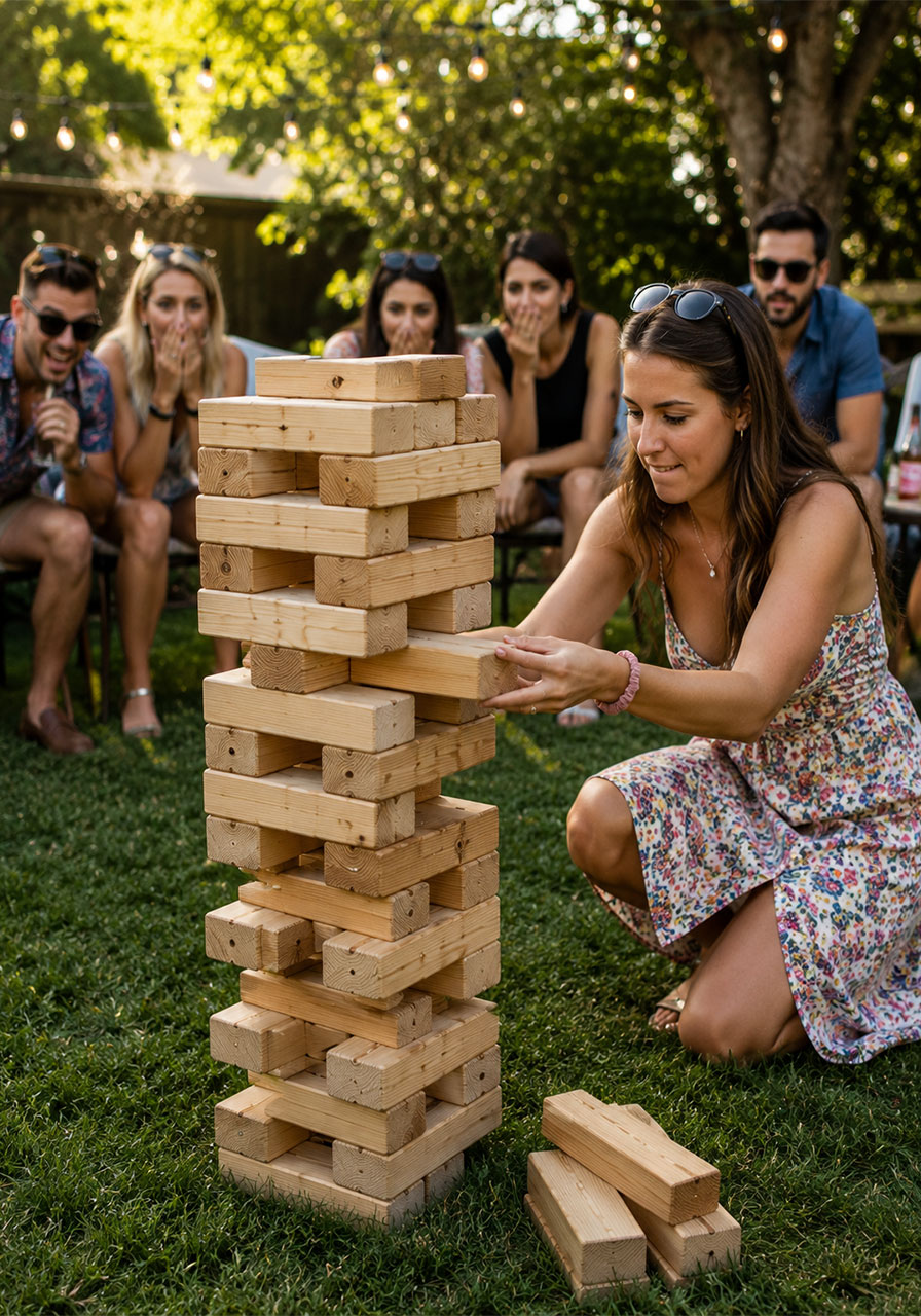 Woman carefully removing block from tall Giant Jenga tower at outdoor summer backyard party