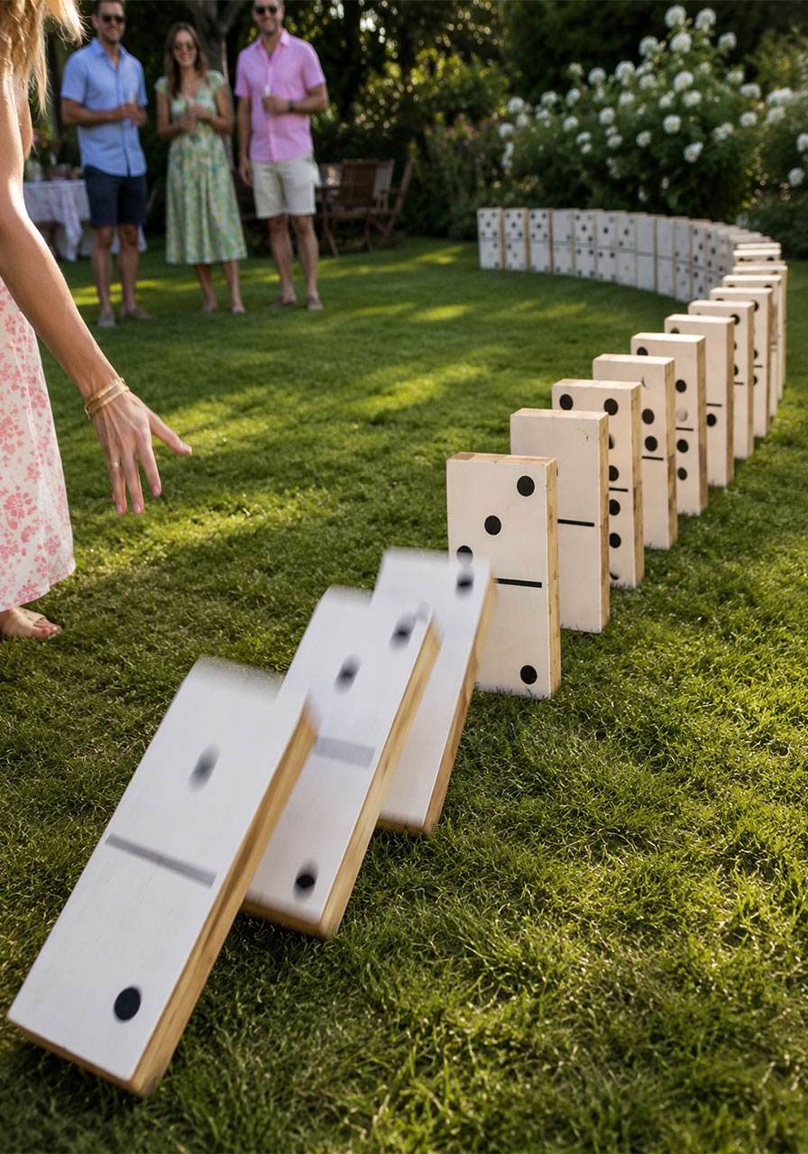Giant wooden lawn dominoes falling in chain reaction at outdoor summer backyard party game