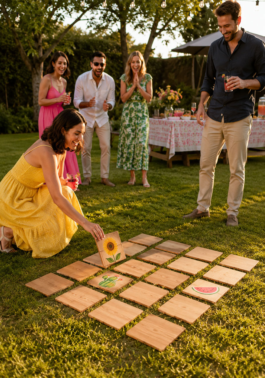 Woman flipping giant wooden tile in DIY lawn matching game at outdoor summer party on grass
