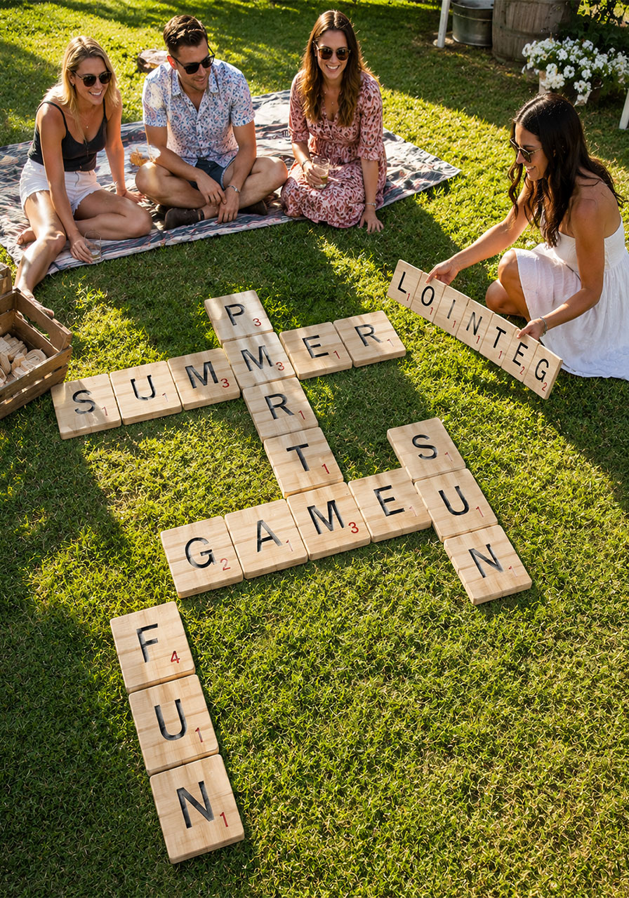 Giant wooden lawn Scrabble game spelling SUMMER on grass at outdoor backyard party