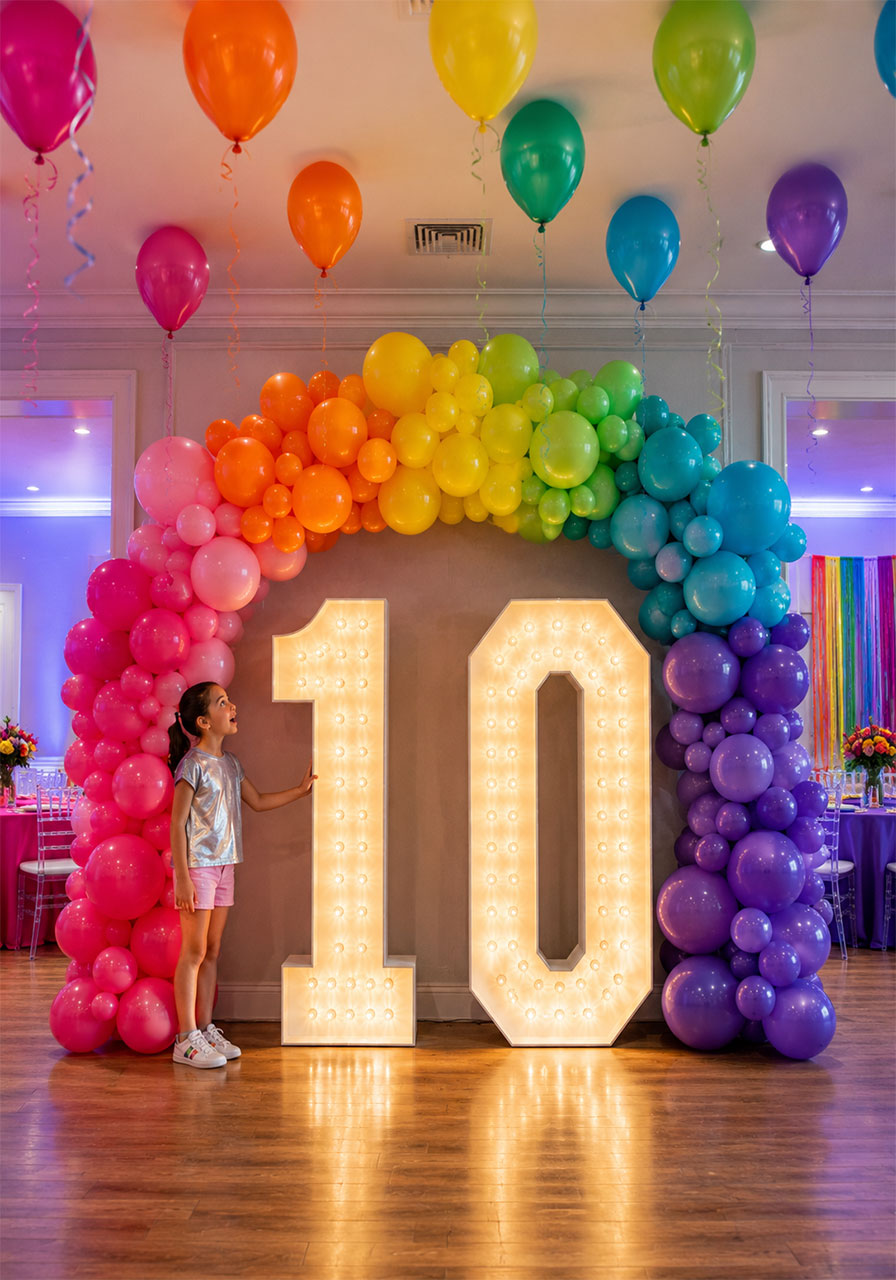 Giant lit up marquee number 10 with glowing LED lights framed by a rainbow balloon arch for a colorful and spectacular 10th birthday party