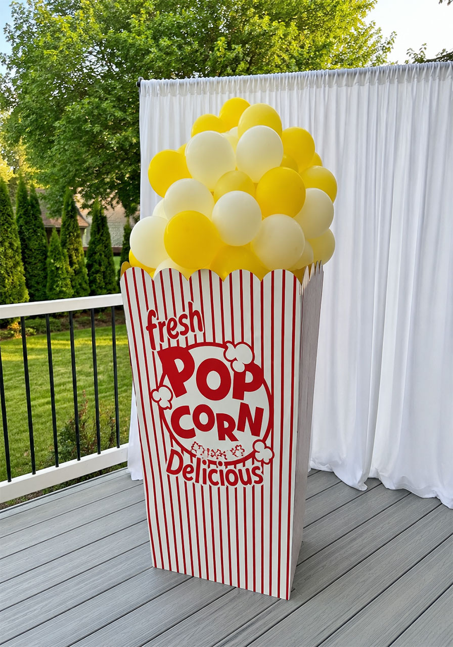Giant oversized popcorn bucket filled with yellow and white balloons as a movie theater birthday party decoration