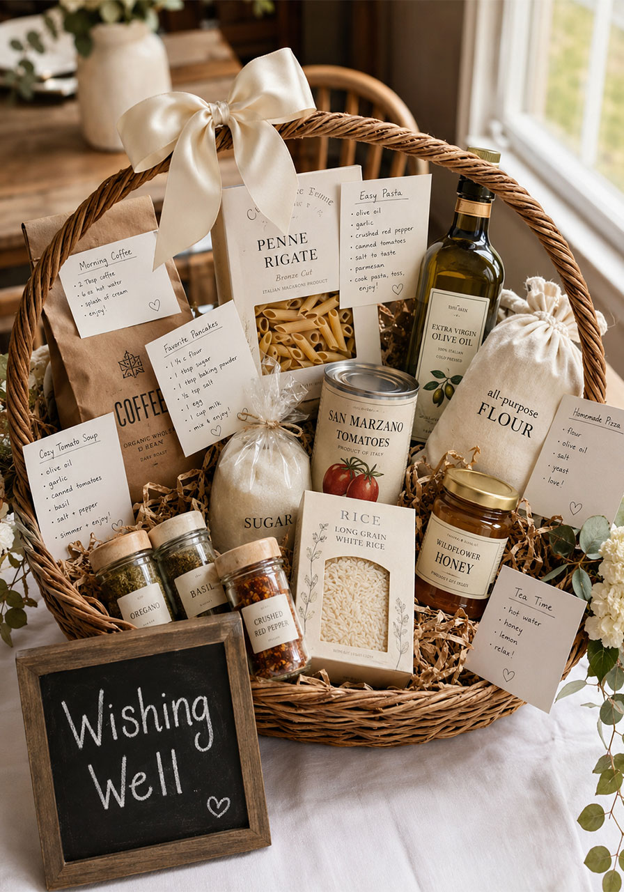 Give a pounding bridal shower gift basket overflowing with pantry staples tied with cream ribbon – at-home bridal shower idea