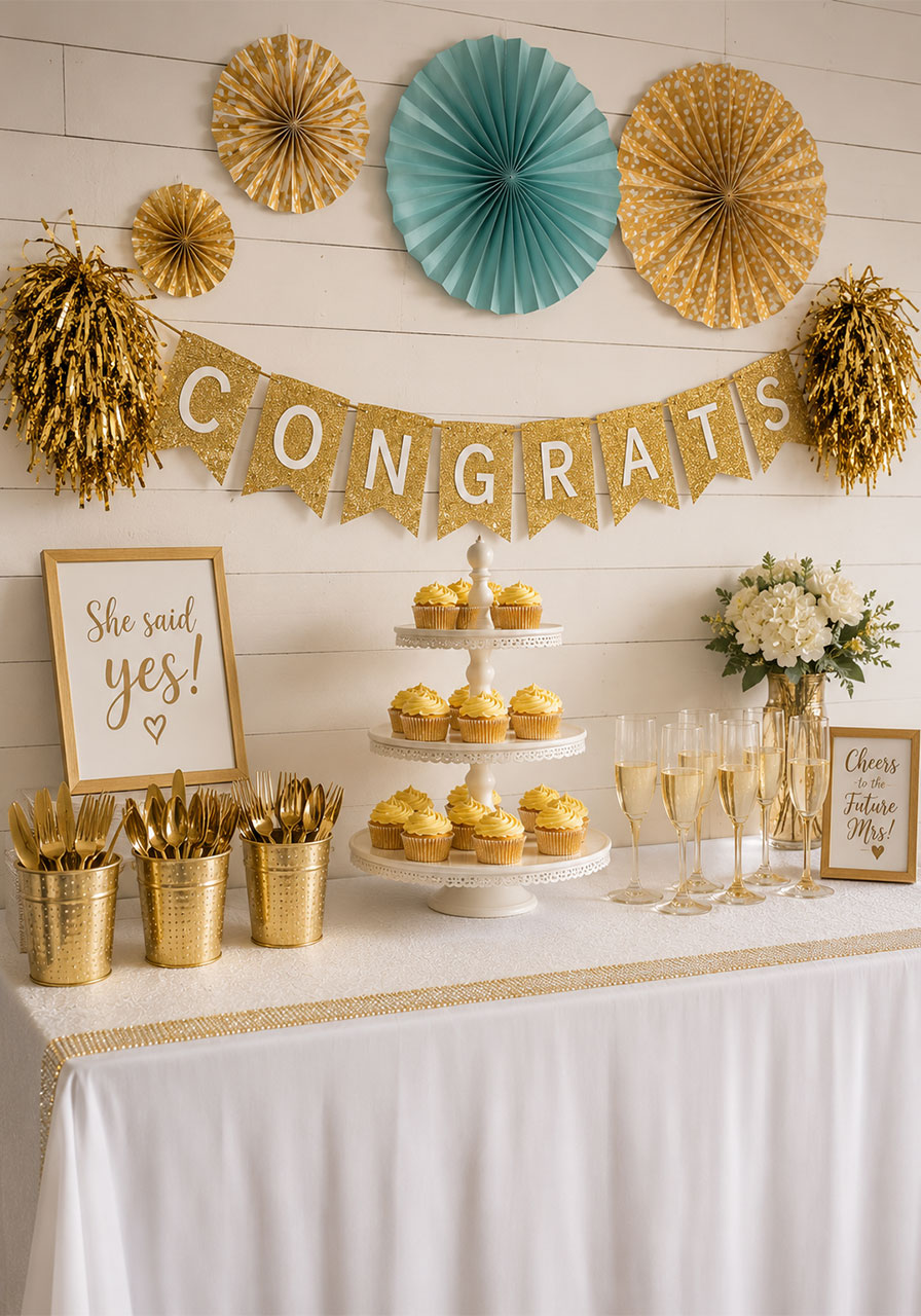 DIY glam gold engagement party decorations with Cricut vinyl banner — bridal shower gold theme decor ideas