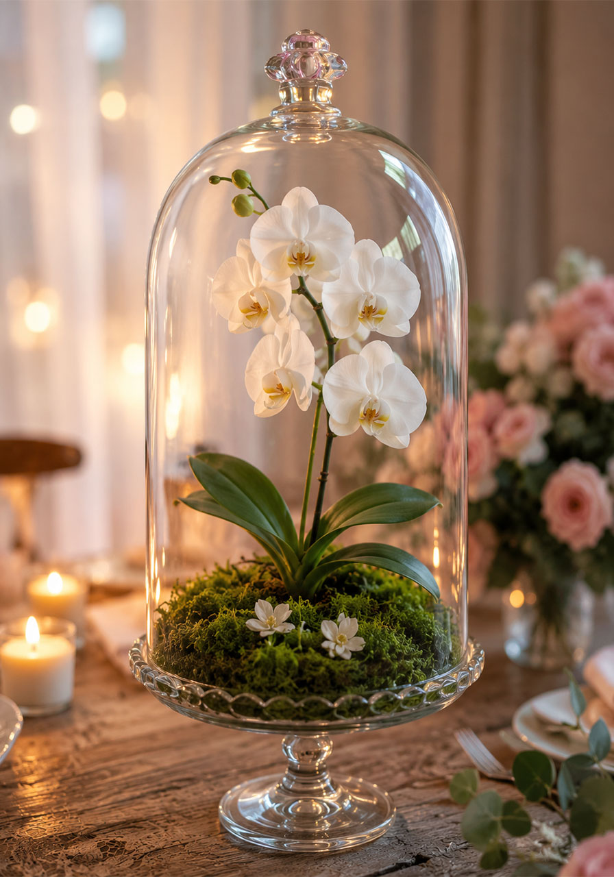 Glass bell jar cloche covering a white orchid nestled in green moss as an elegant bridal shower table centerpiece on a wooden table