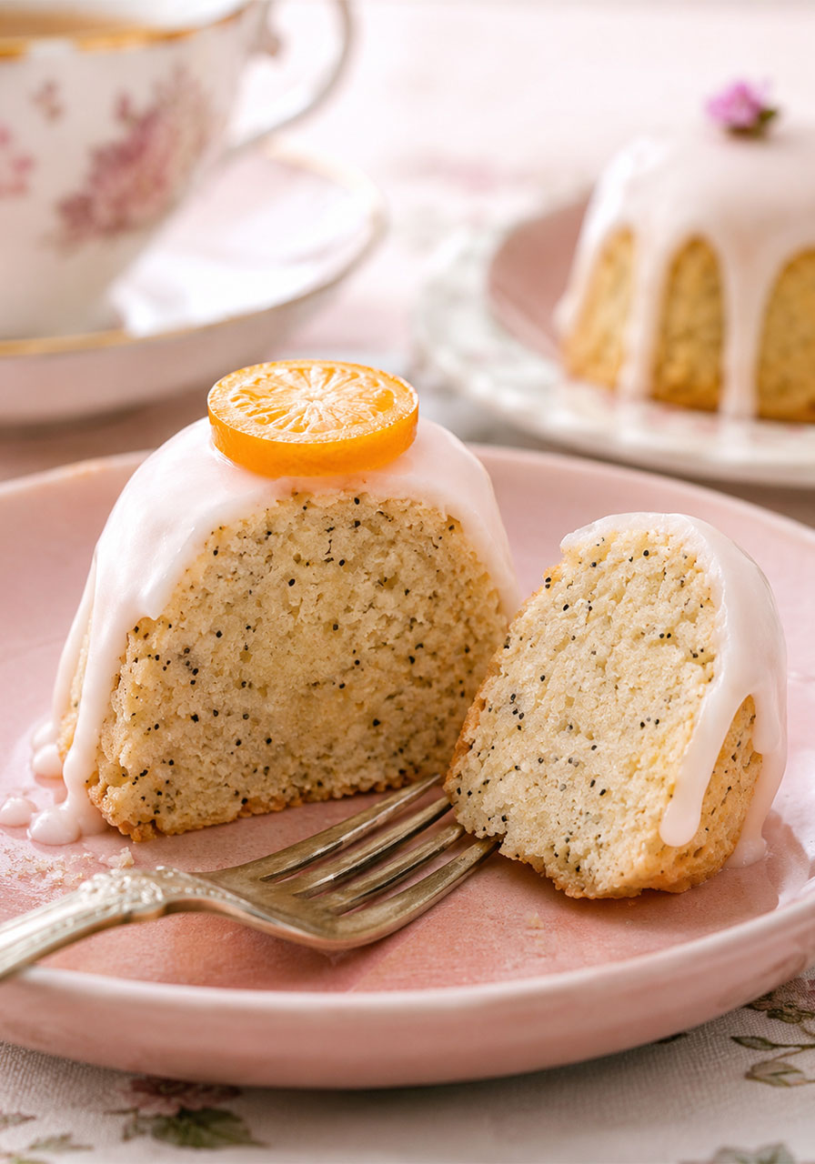 Inside crumb texture of a glazed lemon poppyseed tea cake cut in half showing moist pale yellow crumb with poppy seeds