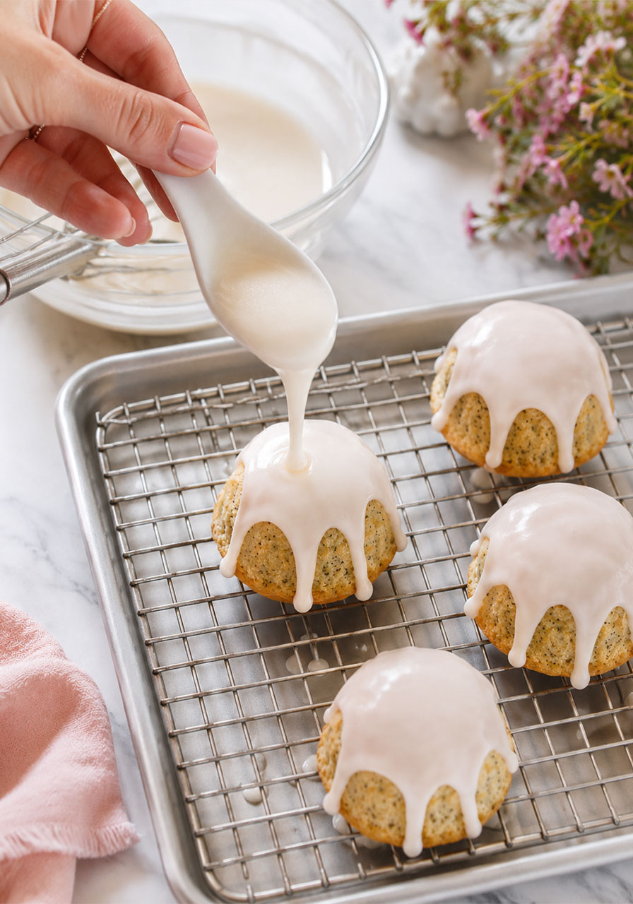 Hand drizzling citrus glaze over glazed mini lemon poppyseed tea cakes on a cooling rack
