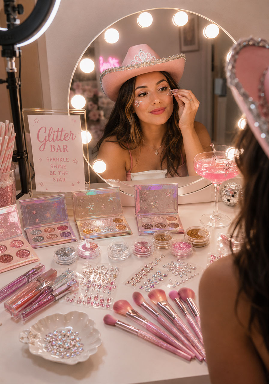 Glitter and rhinestone makeup bar setup for last disco rodeo bachelorette party glam station