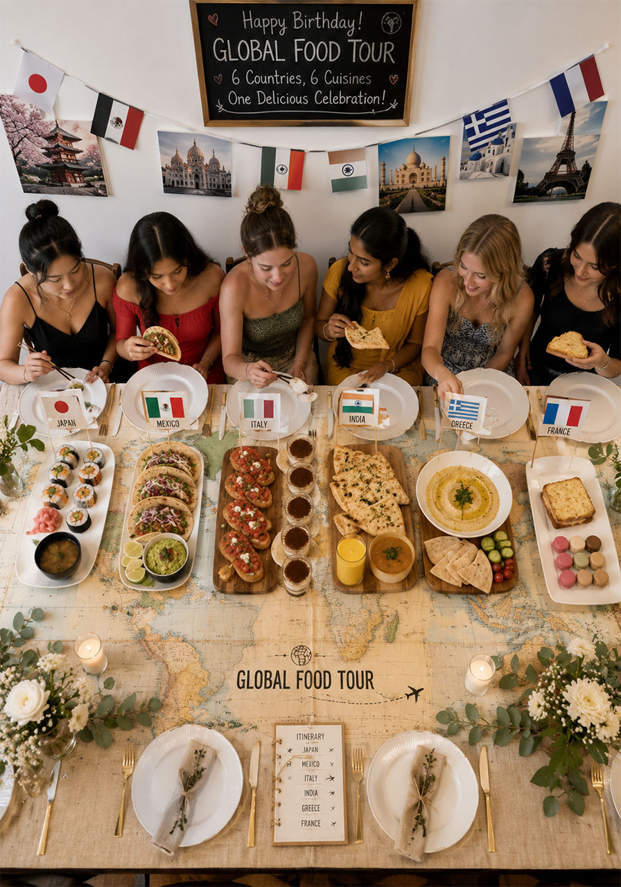 Global food tour birthday party table with Japanese Mexican Italian and Indian food stations for teen girls