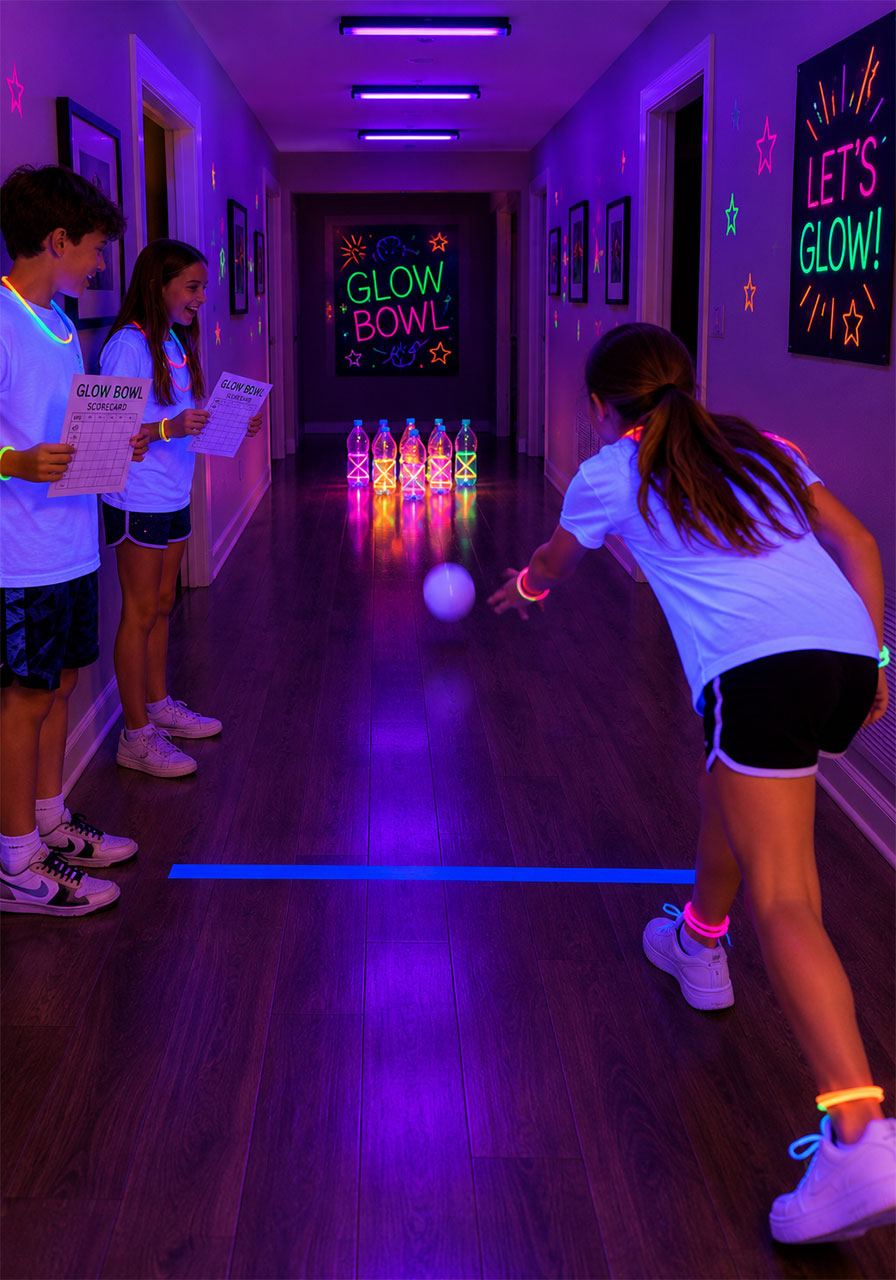 DIY glow bowling birthday party game in a home hallway with glowing water bottle pins and UV blacklights