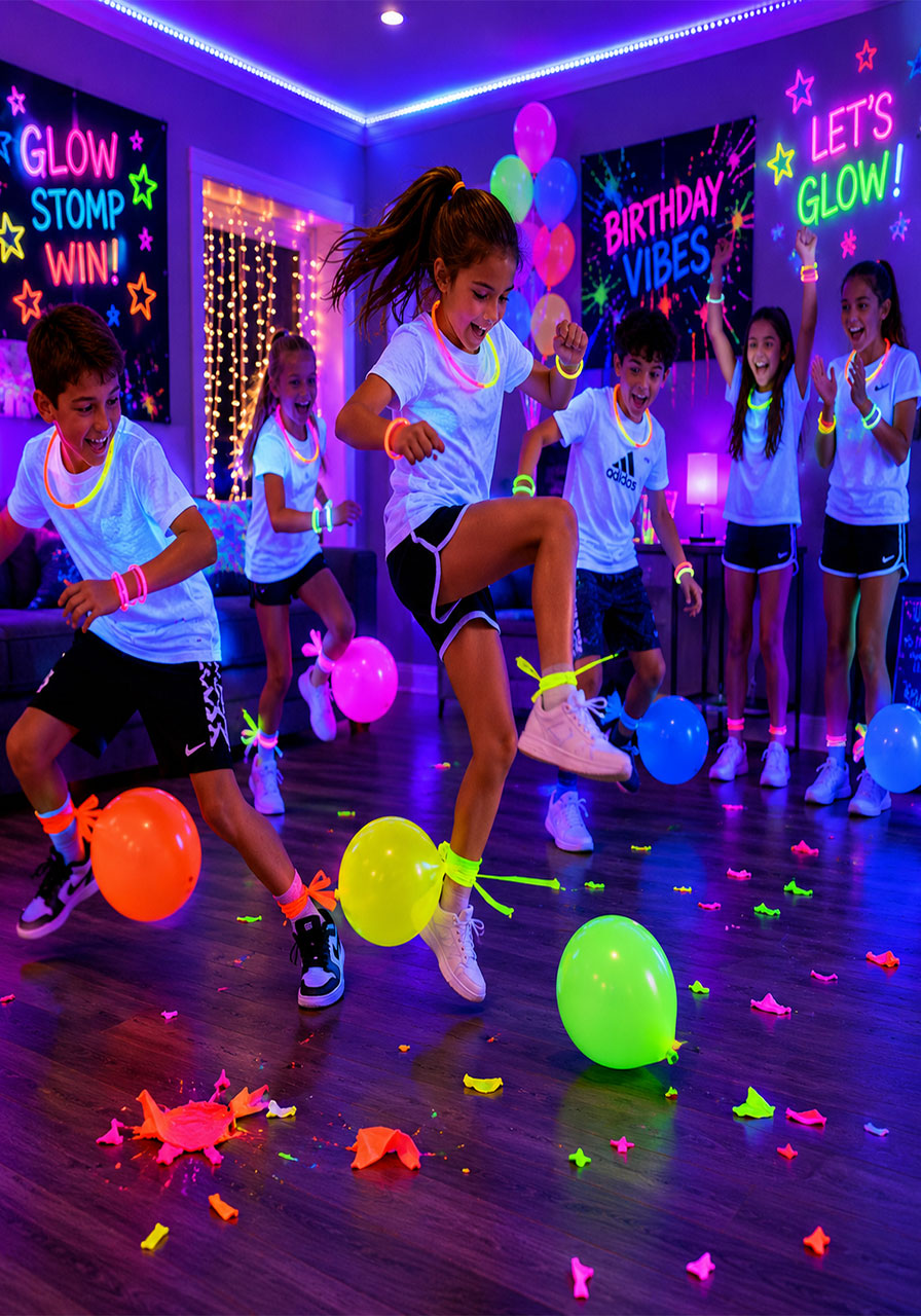 Kids playing a glow-in-the-dark balloon stomp birthday party game under UV blacklights with neon glow bracelets