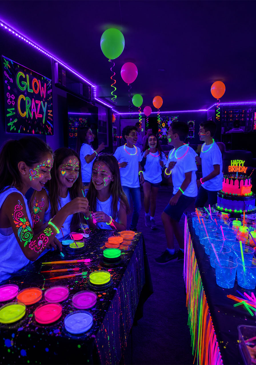 Kids at a glow-in-the-dark birthday party wearing neon face paint and glow bracelets under UV blacklights