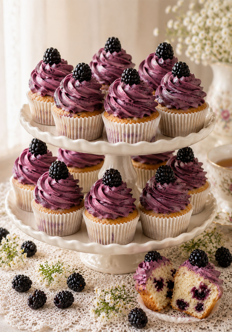 Gluten-free blackberry cupcakes with natural purple blackberry buttercream frosting on a vintage cupcake stand