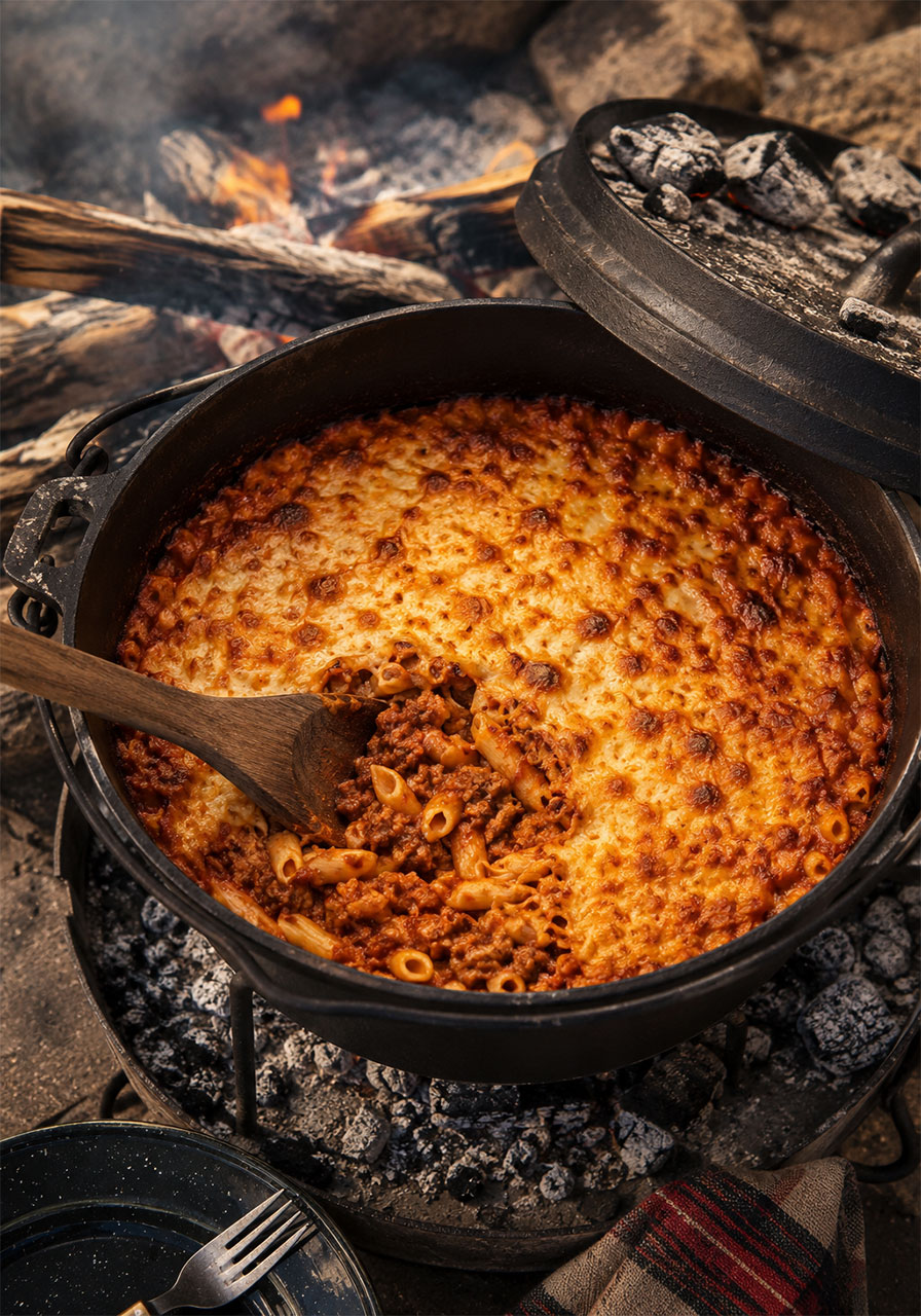 Gluten-free camp oven pasta bolognese with golden melted cheese crust bubbling over coals at campsite
