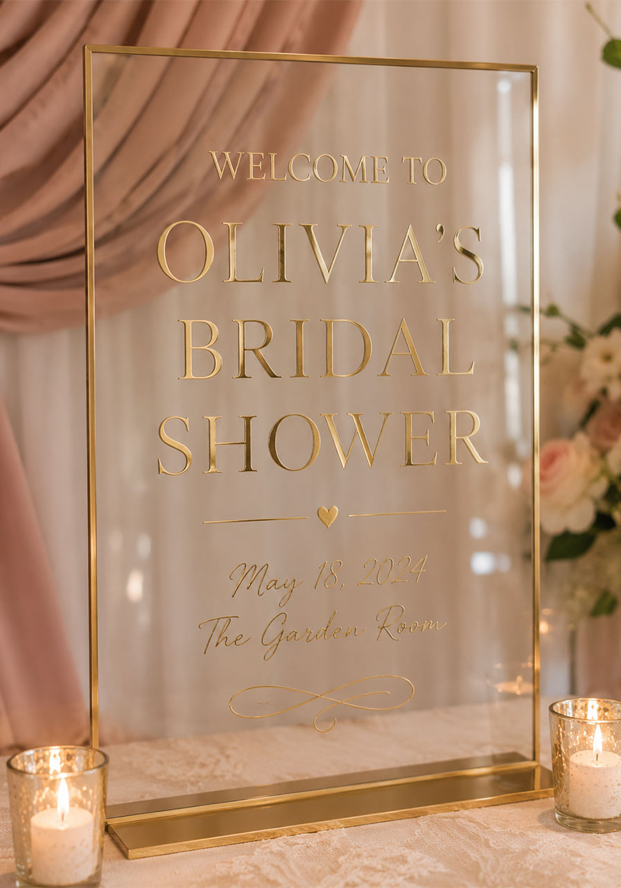 Elegant clear acrylic welcome sign with gold foil lettering on stand for bridal shower party decor