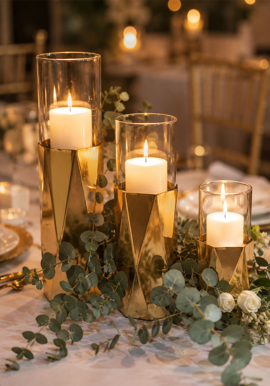 Gold geometric candle holders with lit candles and trailing eucalyptus sprigs as a modern elegant bridal shower table centerpiece