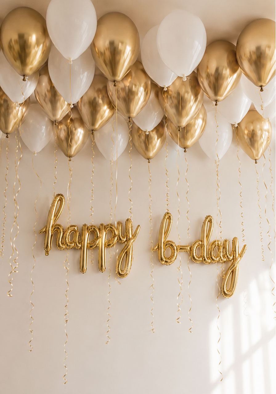 Gold happy birthday script balloon banners floating below white and gold balloon ceiling for elegant birthday decor