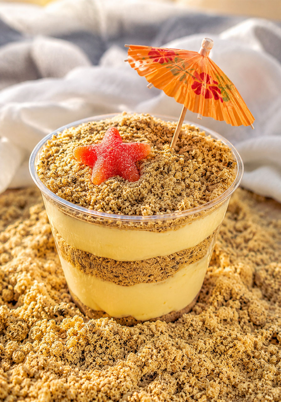 Golden Oreo Sand Pudding served in a clear cup with a paper umbrella and gummy starfish