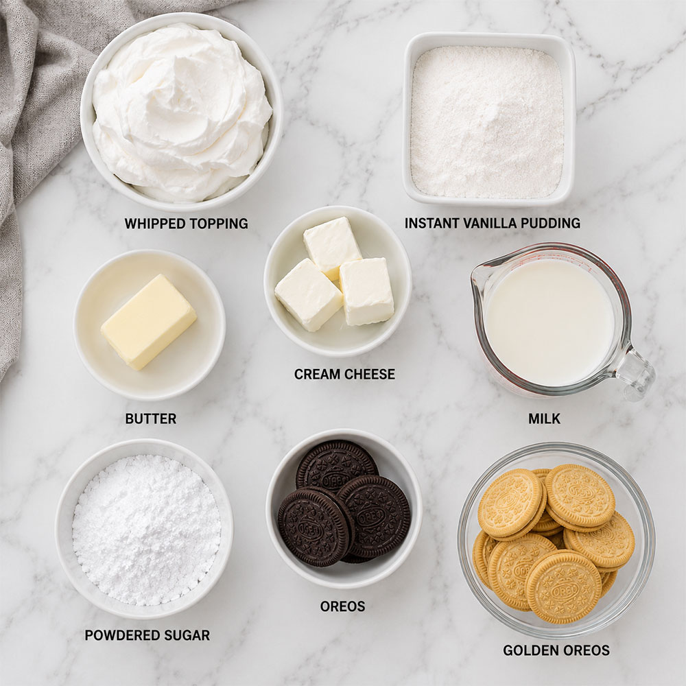 Labeled ingredients for Golden Oreo Sand Pudding including cream cheese, pudding, and Oreos