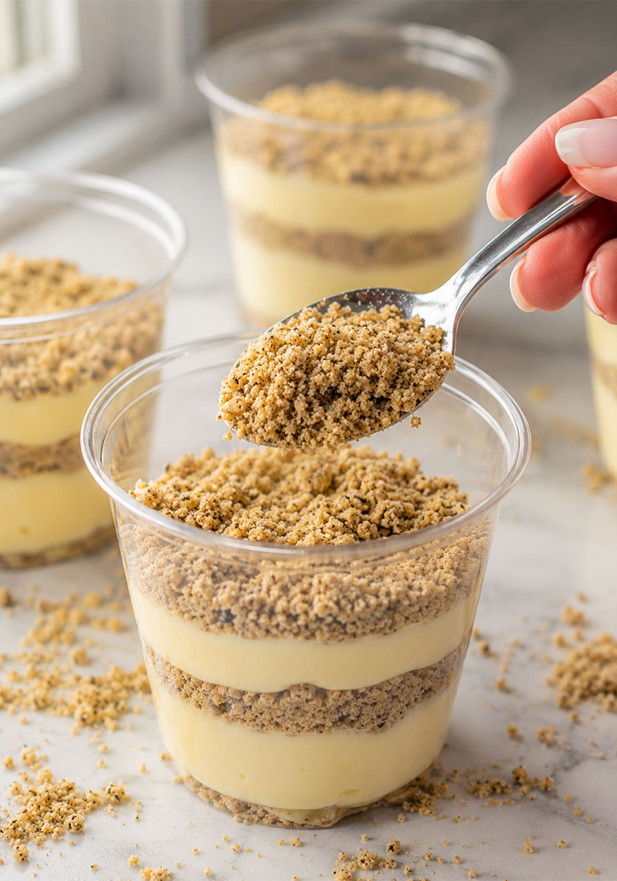 Layering crushed cookie sand and pudding into a cup to make Golden Oreo Sand Pudding