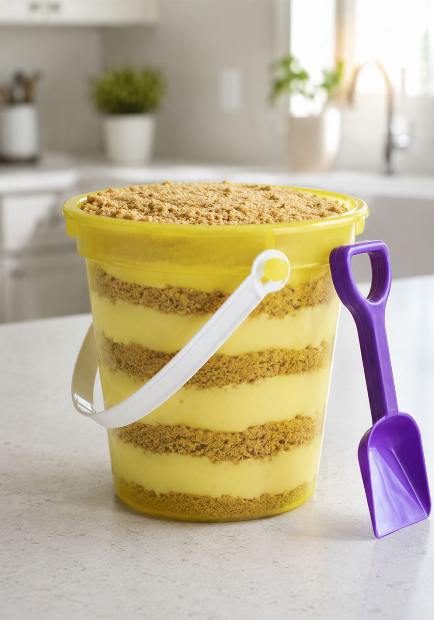 Golden Oreo Sand Pudding layered in a sand bucket with a toy shovel for serving a crowd