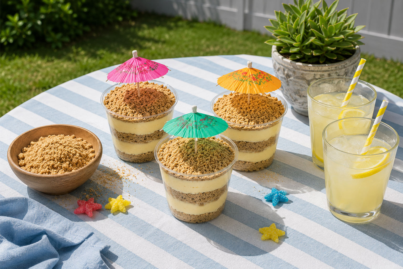 Golden Oreo Sand Pudding served at an outdoor summer party table