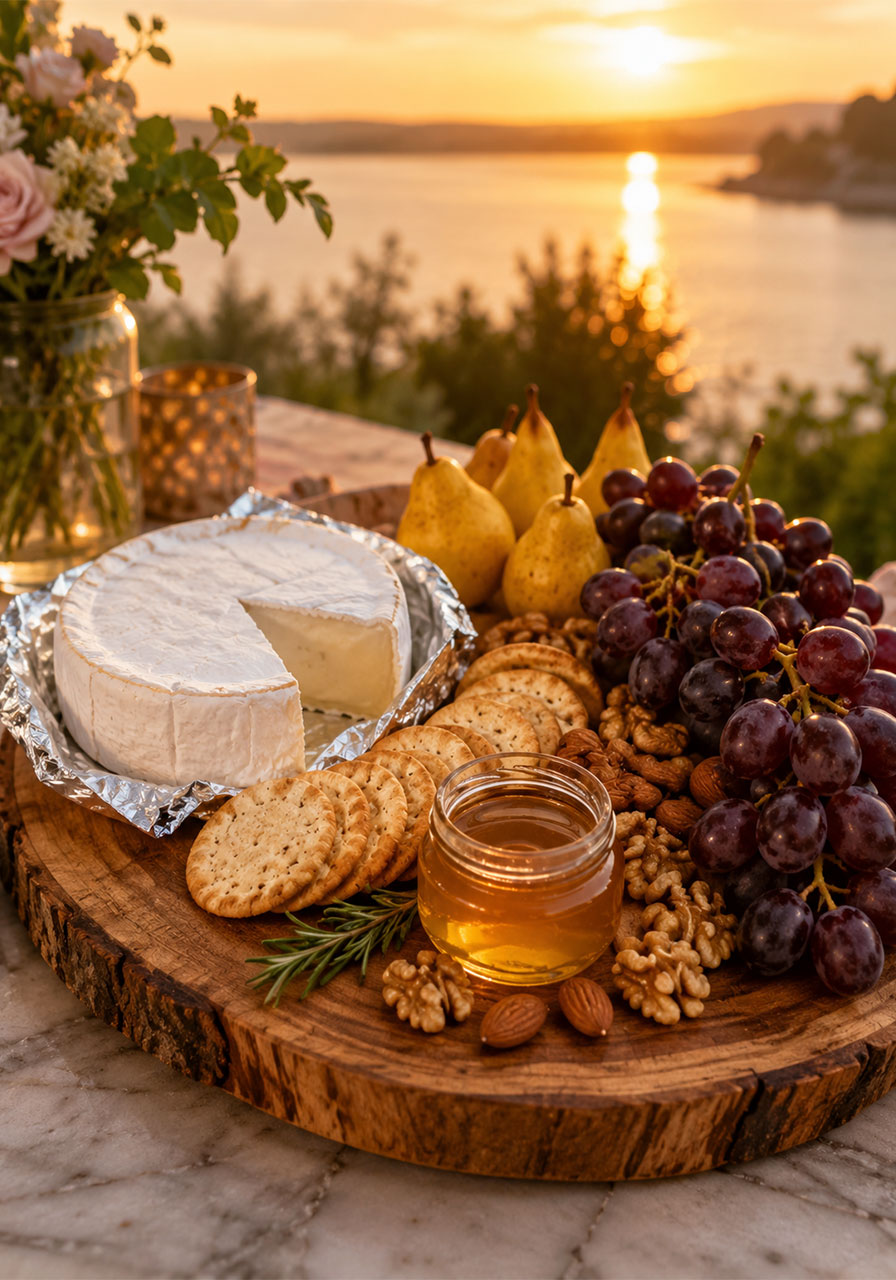 Gourmet cheese platter with brie, crackers, grapes, honey, and walnuts on a wooden board for an elegant bridal shower spread
