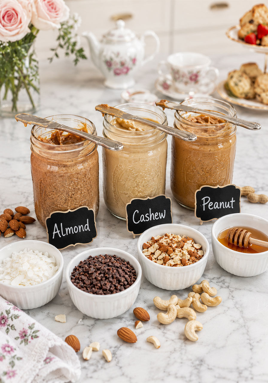 Gourmet nut butter station with almond, cashew, and peanut butter jars for a waffle bar brunch