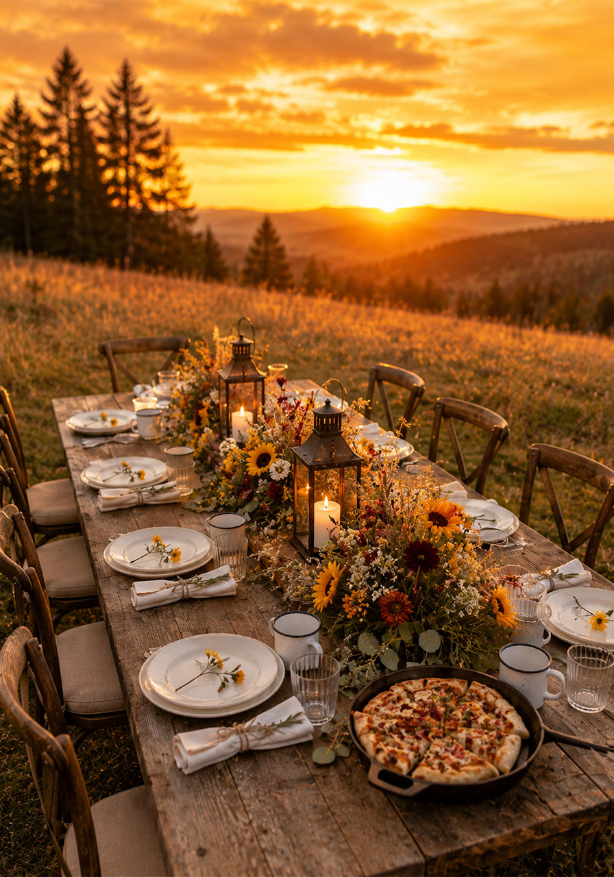 Beautifully styled gourmet outdoor farm table dinner with wildflower centerpieces and lanterns at camp bachelorette glamping party at sunset