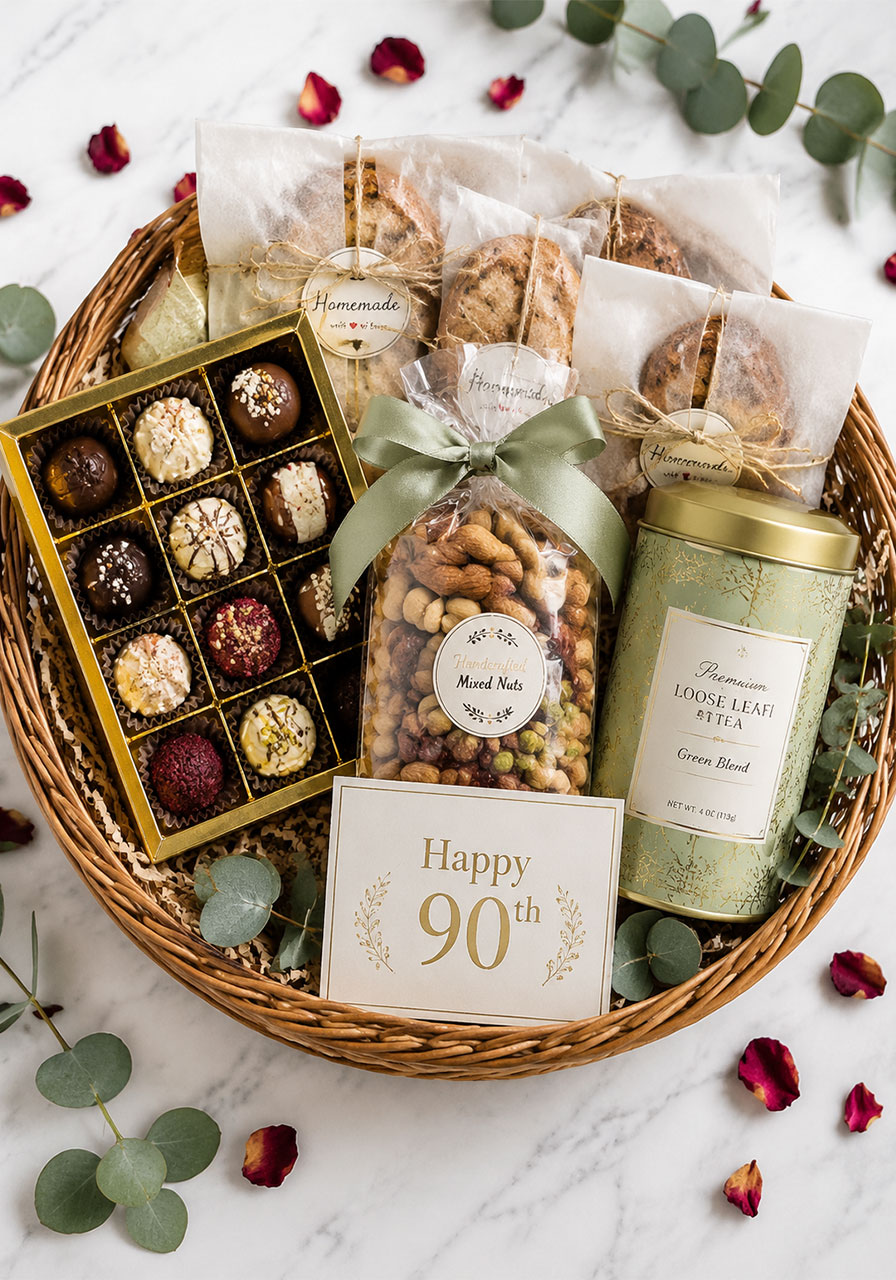 Gourmet gift basket with artisan chocolates, specialty tea, and pastries as a 90th birthday gift idea