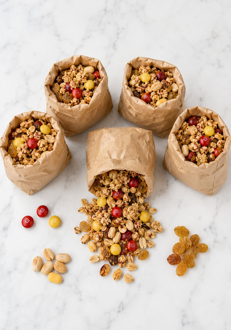 Individual kraft paper bags filled with granola trail mix including M&Ms, raisins, and honey-roasted peanuts for camping