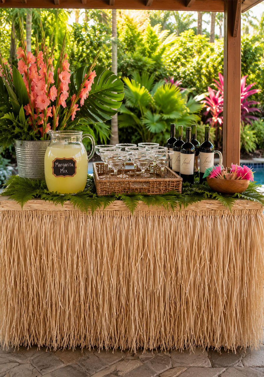 Grass table skirt on an outdoor bar table styled for a Key West tropical party with margarita glasses and cocktail umbrellas