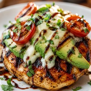 Close-up of a single grilled California avocado chicken breast with melted mozzarella, fresh avocado slices, cherry tomatoes, cilantro, and balsamic glaze drizzle on a white plate