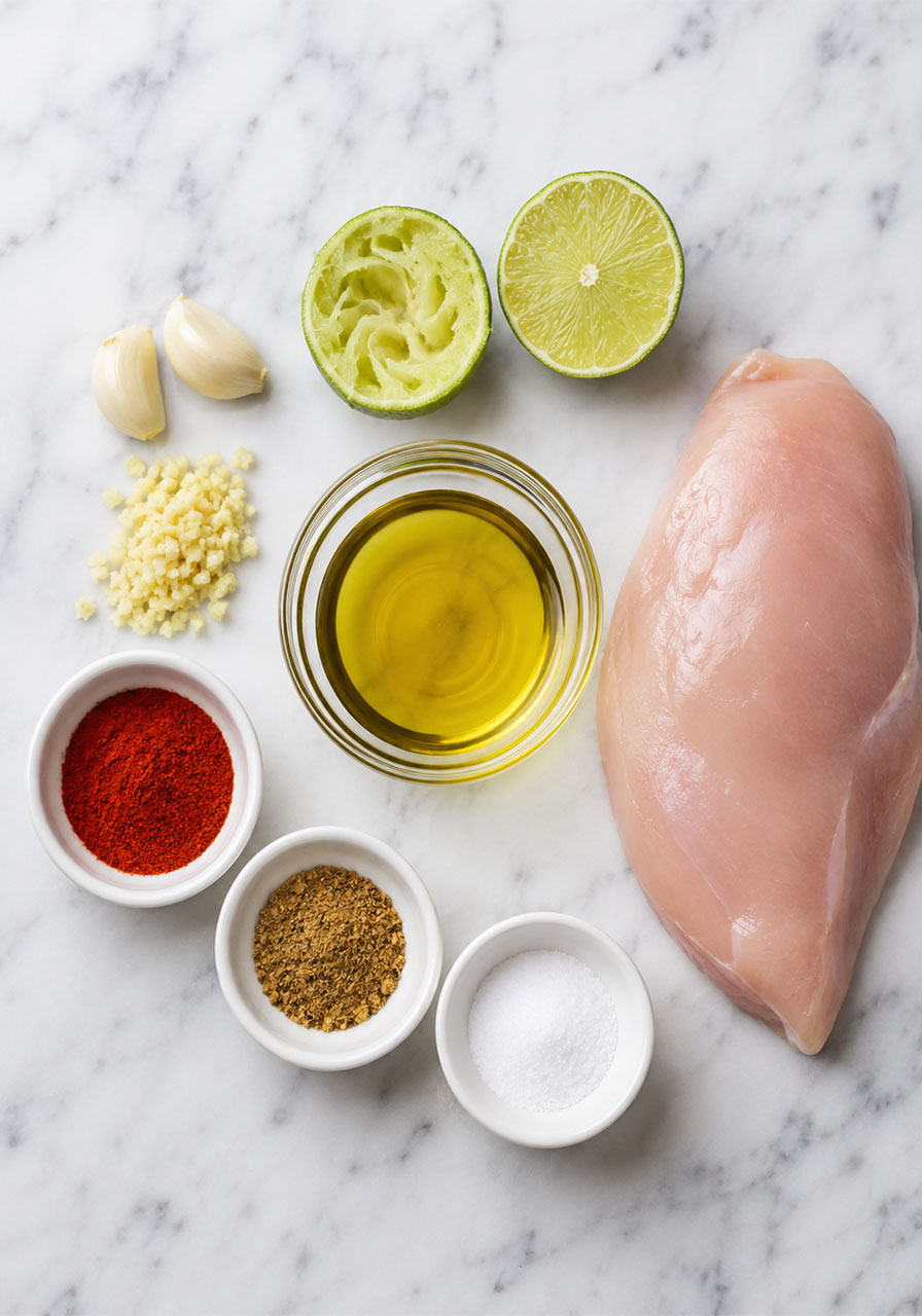 Flat lay of grilled California avocado chicken marinade ingredients including olive oil, lime juice, garlic, paprika, cumin, salt, and pepper on white marble countertop