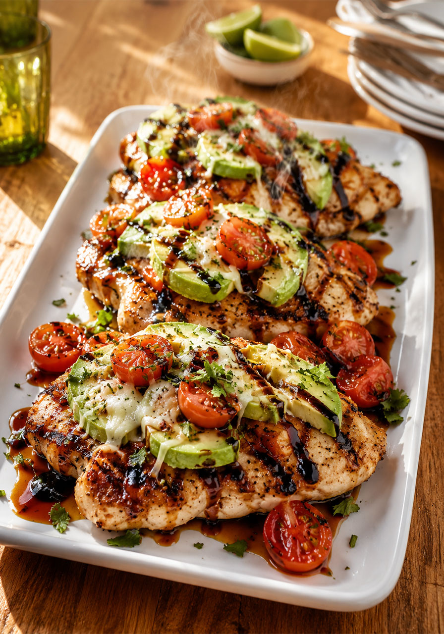 Grilled California avocado chicken breasts topped with fresh avocado slices, cherry tomatoes, melted mozzarella, and balsamic glaze on a white serving platter