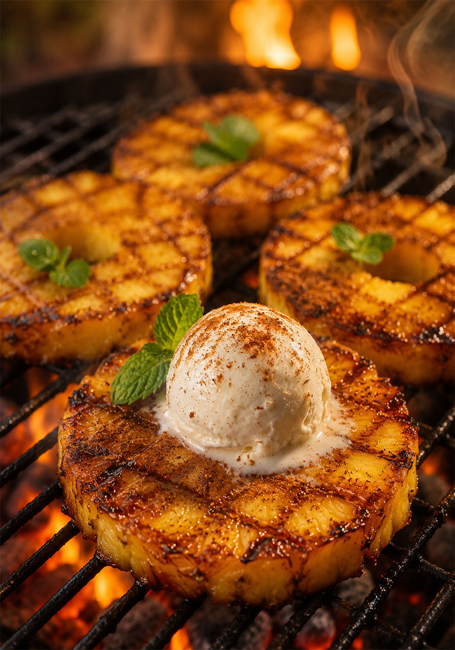 Grilled pineapple with caramelized brown sugar and cinnamon grill marks on a campfire BBQ grate