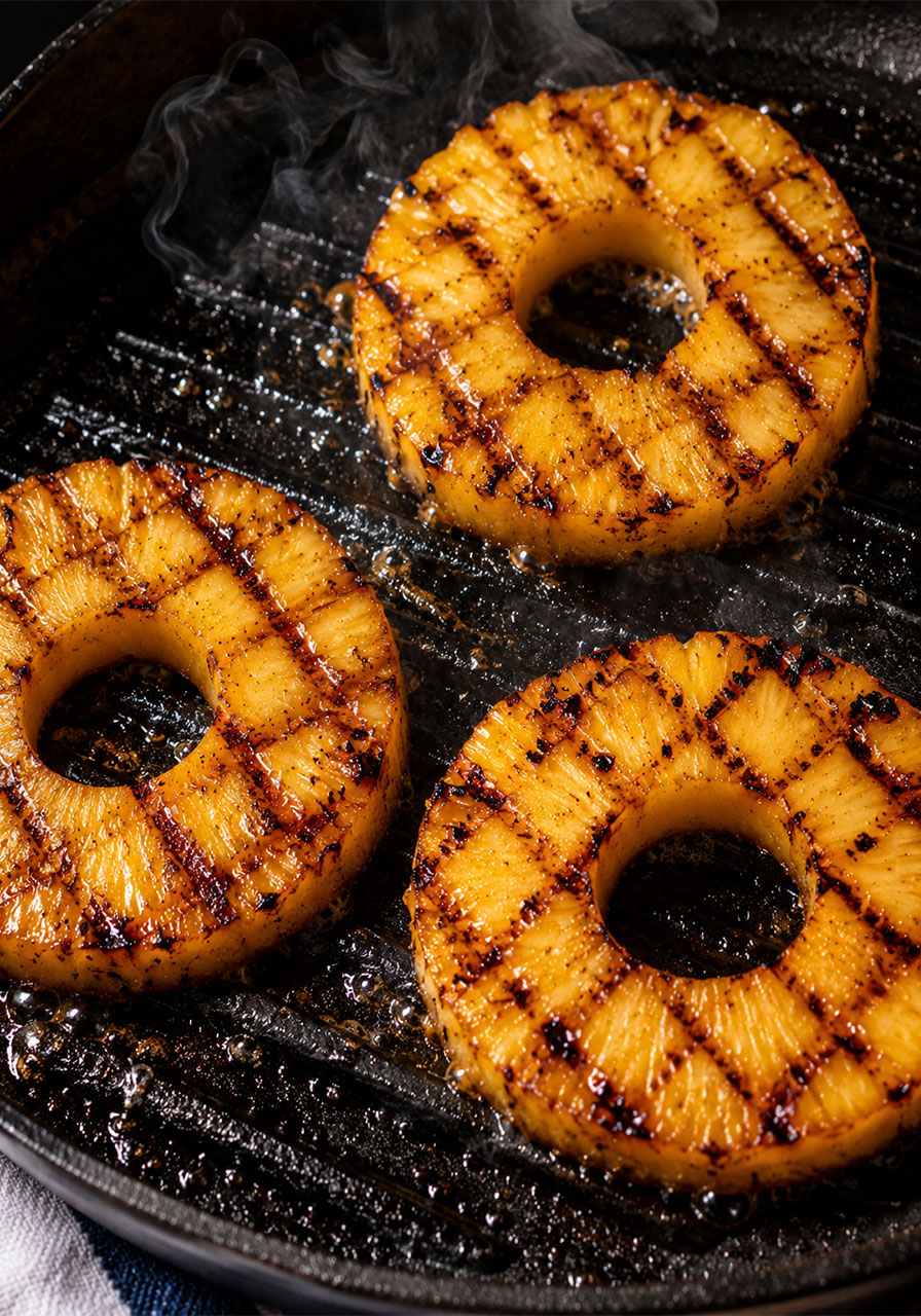 Fresh pineapple rings with caramelized grill marks on a cast iron grill pan for Hawaiian chicken recipe