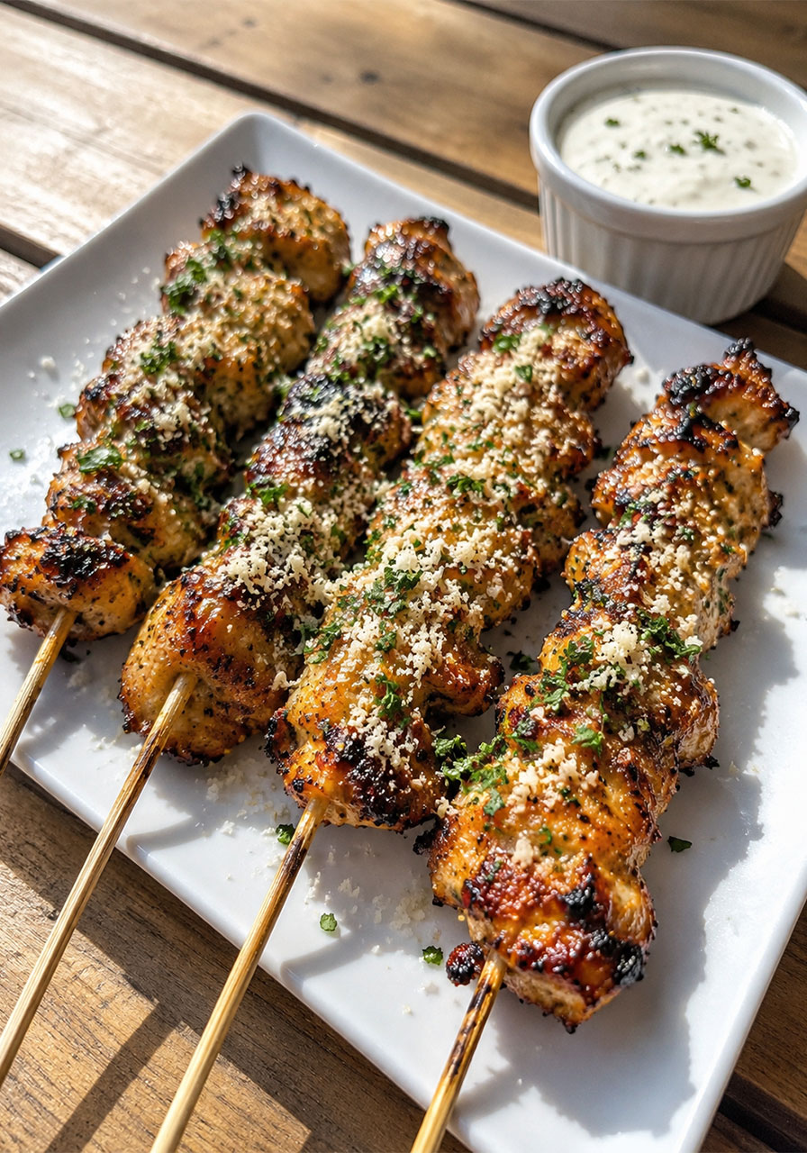 Grilled ranch garlic parmesan chicken skewers topped with parmesan and parsley on a white platter
