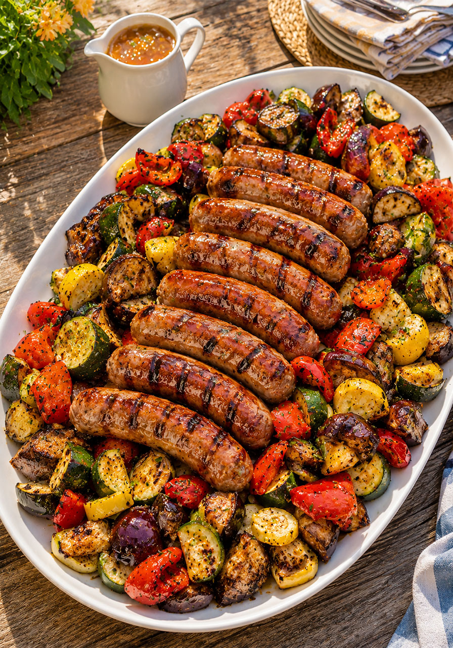 Grilled Italian sausages with peach-ginger glazed summer vegetables on a serving platter – easy backyard party main