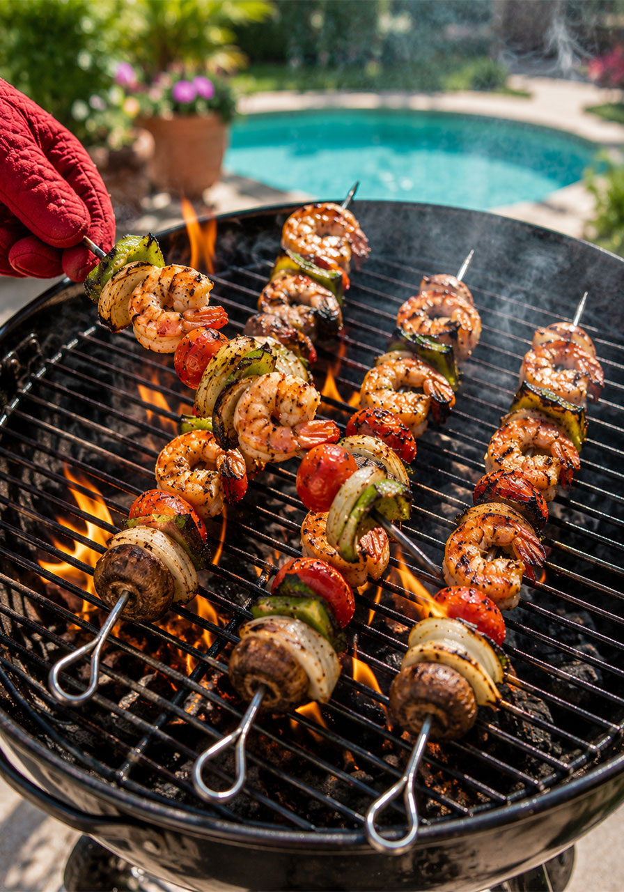 Grilled shrimp kabobs with peppers, mushrooms and onions on a charcoal grill – easy pool party seafood recipe