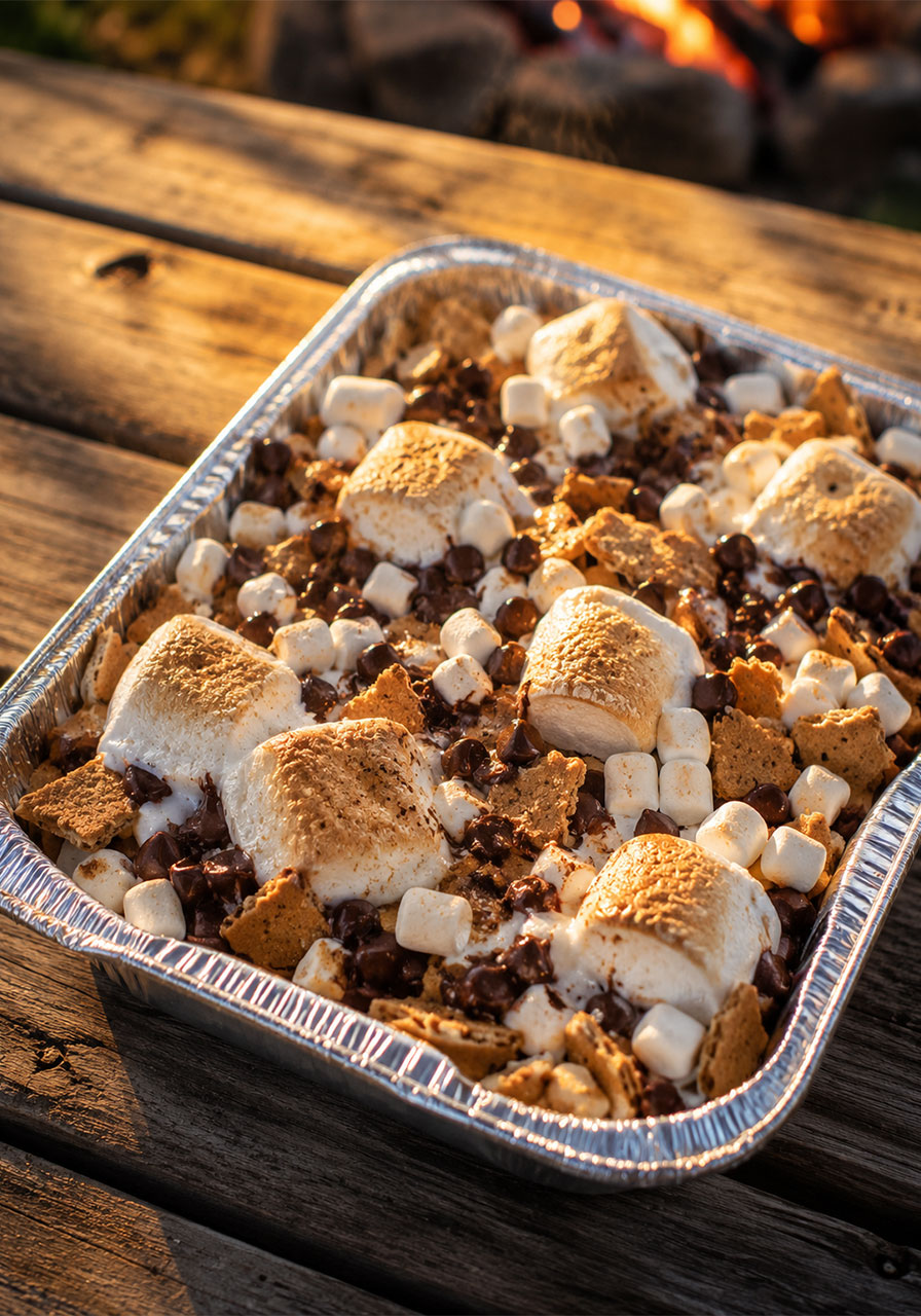 Grilled s'mores nachos recipe in a foil pan with melted chocolate and toasted marshmallows