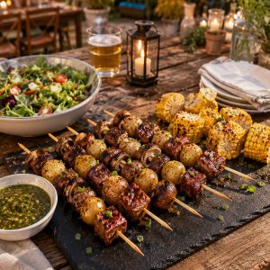 Grilled steak and potato kabobs on party serving board with dipping sauce, corn, and salad for backyard cookout