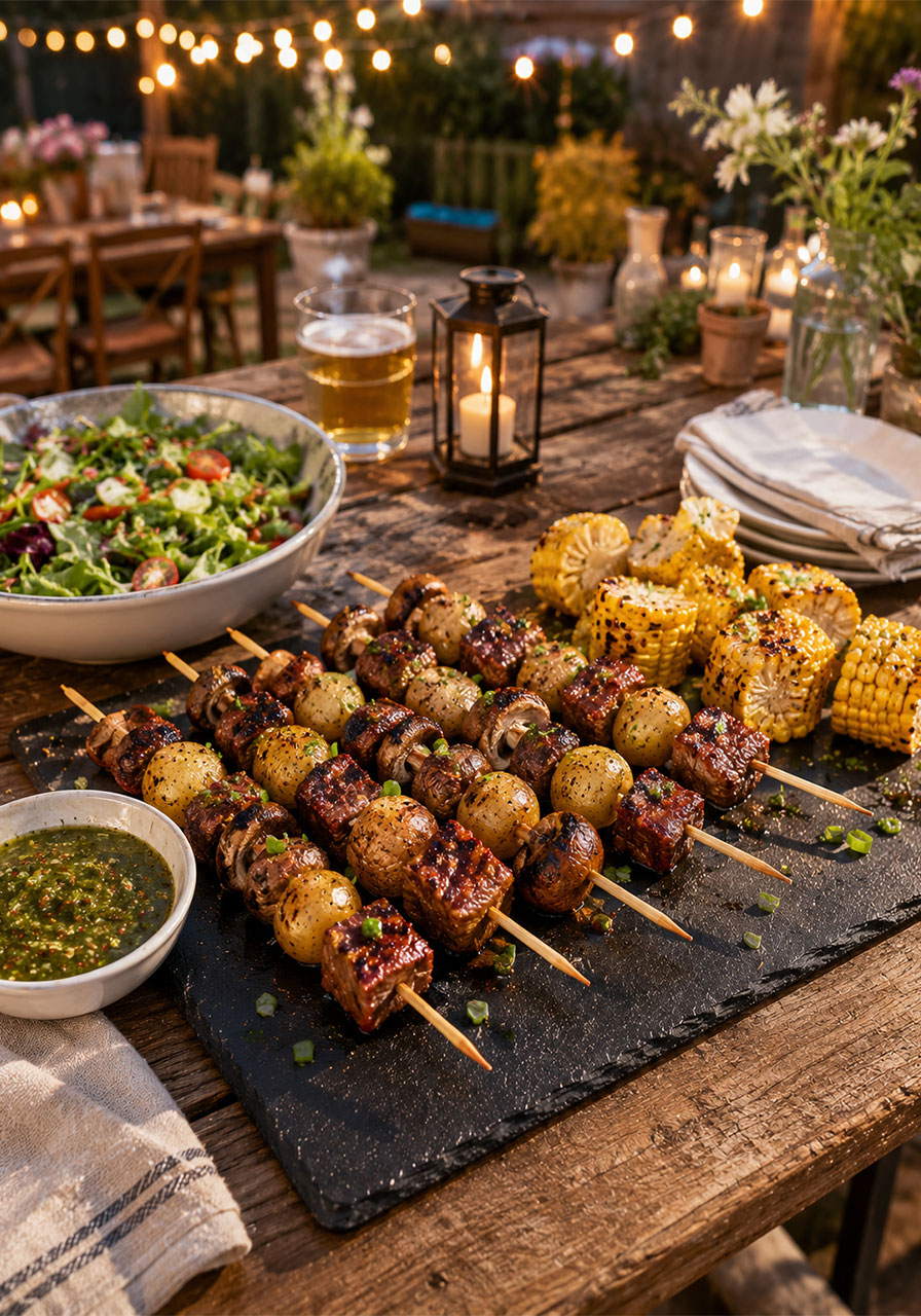 Grilled steak and potato kabobs on party serving board with dipping sauce, corn, and salad for backyard cookout